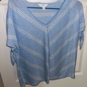 Time and Tru Blue and White Striped V-Neck Tee